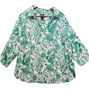 Nicole Miller‎ Green White Linen Tropical Print Blouse 1X